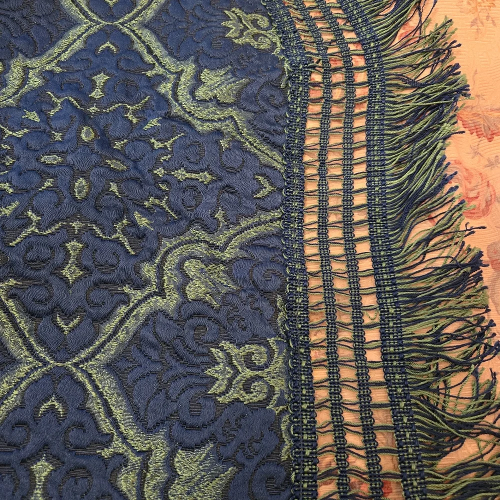 Drapes Blue and Green Jacquard With Fringe One Pair Boho Hollywood Regency
